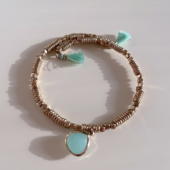 2/$20 ✨Francesca’s Gold Metal Coil Beaded Bracelet Turquoise Charms Tassel - Picture 3 of 5